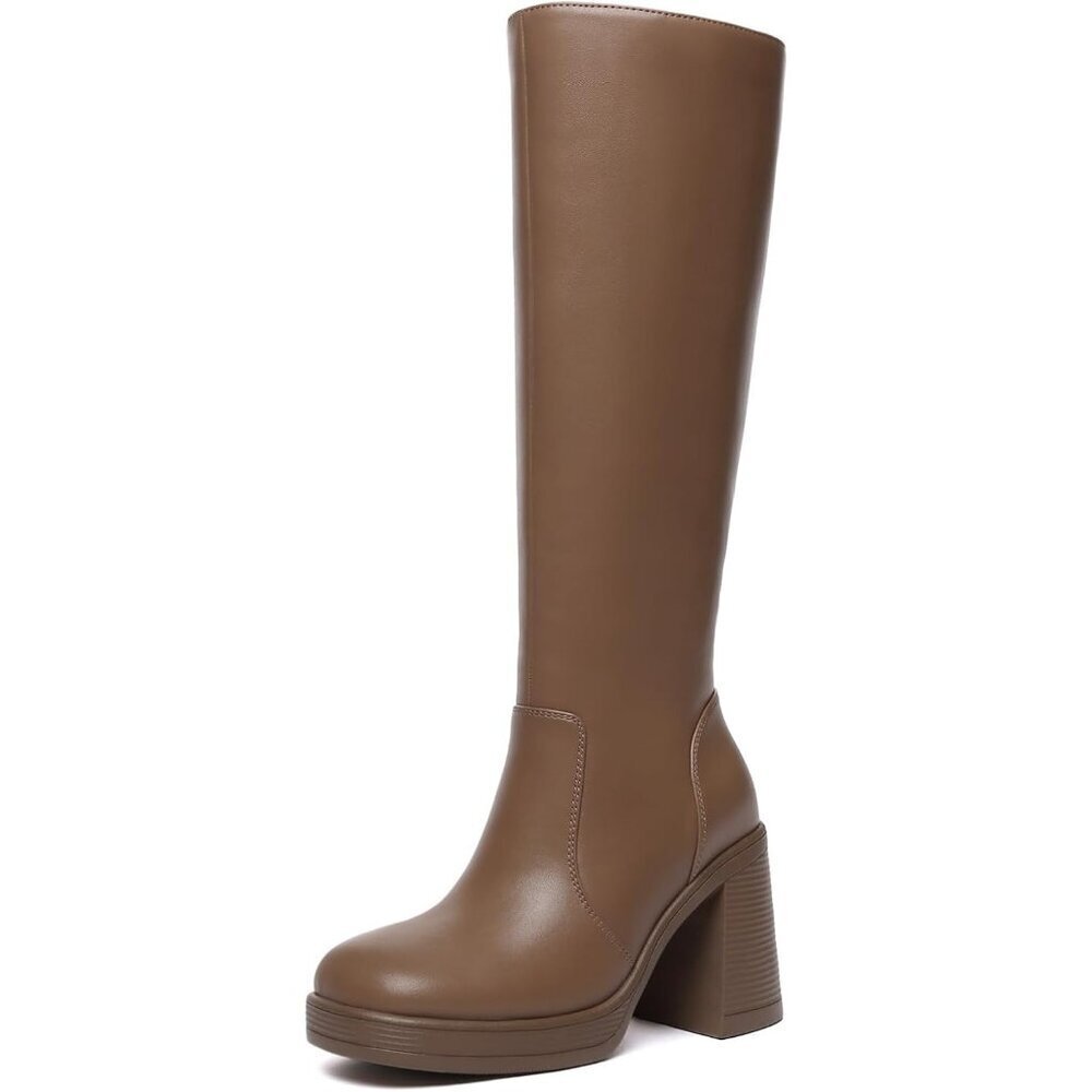 Women's Tan Athlefit Knee High Platform Heeled Toe Chunky Side Zipper Boots
